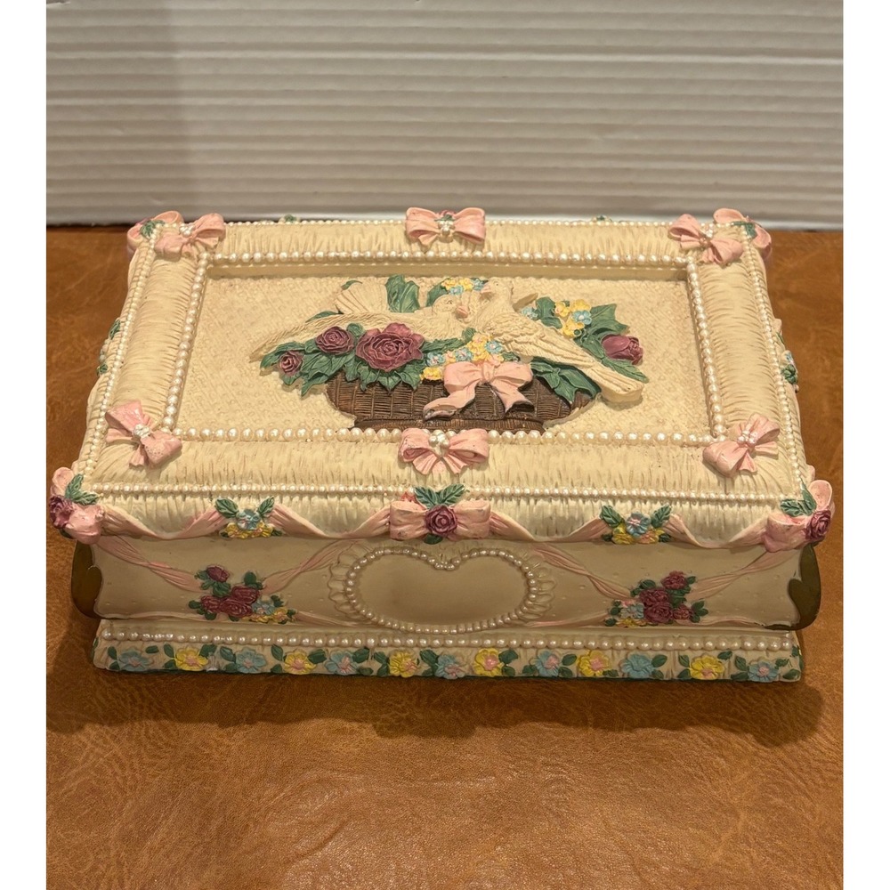 Vintage Floral Dove Jewelry Box Resin Faux Pearl Ribbon Cottagecore Decor Cream